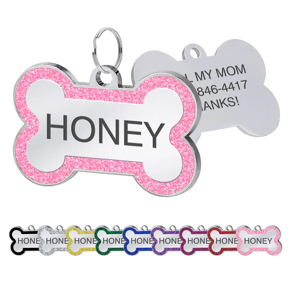 LIVEKEY Personalized Glitter Pink Circle-Bone Dog Tags Engraved with Dog Name Tags Sliding Cat ID Tags Customizable with Pet Name and Contact Information,Summervibes